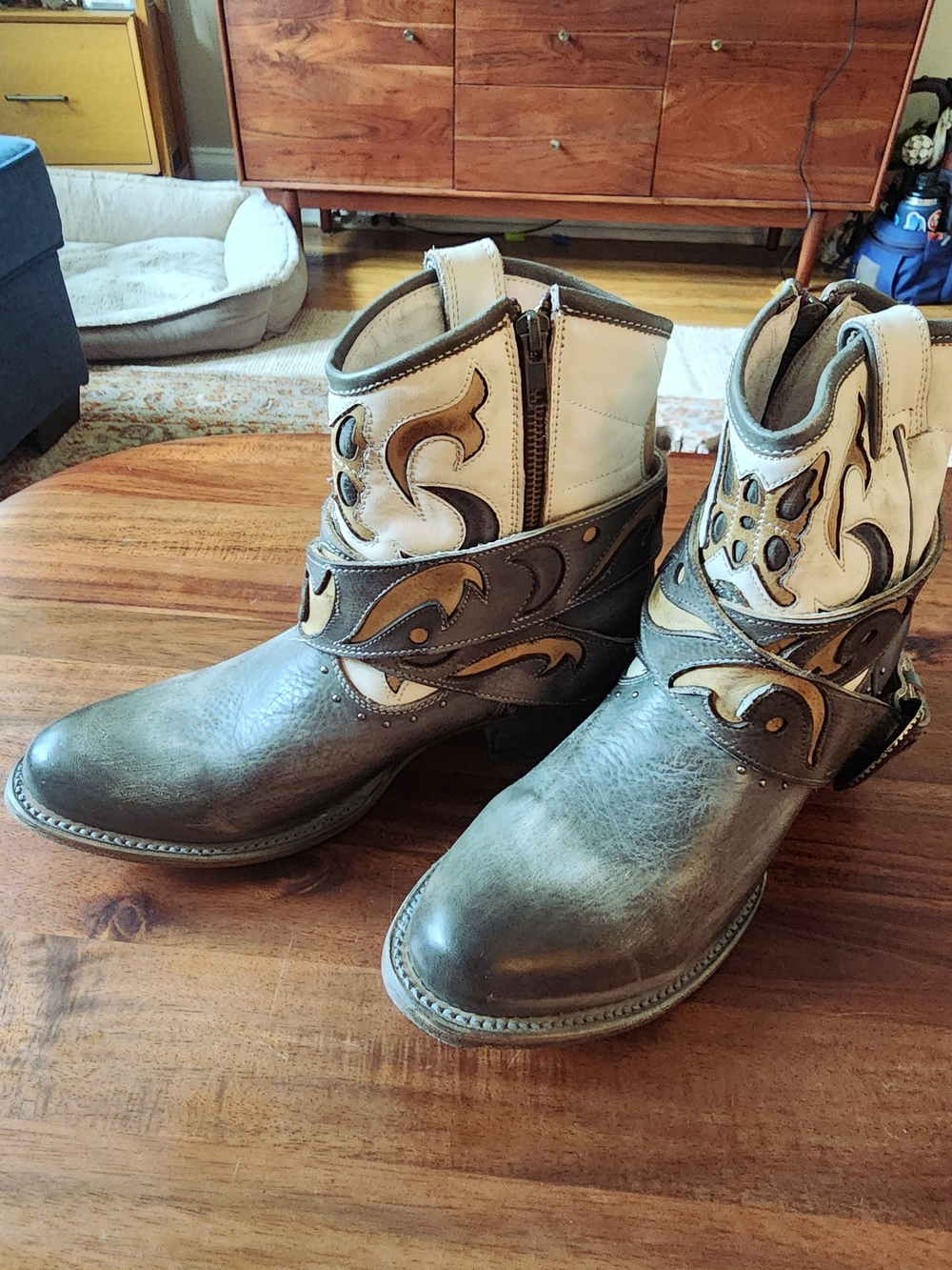 freebird Tash Three-Tone Blue, Brown and Cream Leather Western Ankle Boots
